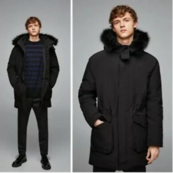 Zara MAN Long Quilted Coat With Faux Fur Hood - Picture 1 of 12